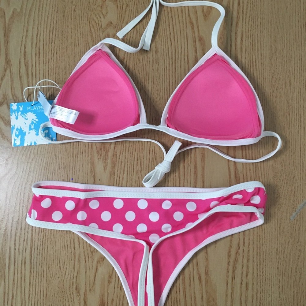 New 2pc Sexy Vintage Playboy Polka Dot Thong Swimsuit Bikini Size Large & XL - Picture 4 of 14